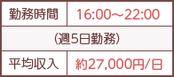 勤務時間 16:00~22:00(週5日勤務)平均収入 約27,000円/日