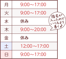 【月】9:00→17:00【火】9:00→17:00【水】休み【木】9:00→20:00「指名が入ったのでいつもより長く」【金】休み【土】12:00→17:00【日】9:00→17:00